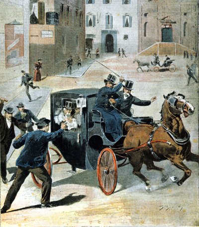 1894 年 6 月 16 日，在罗马，无政府主义者保罗·莱加（Paolo Lega）向意大利议会主席弗朗切斯科·克里斯皮（Francesco Crispi）开了一支左轮手枪。 那个时期的插图。 作者 未知艺术家