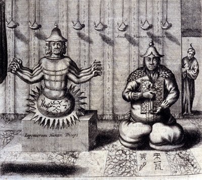 左边是八臂印度神，右边是阿弥陀佛。 “德中国纪念碑”，作者 Athanasius Kircher（1601 - 1680），耶稣会士、东方学家和德国学者，阿姆斯特丹 1667。 作者 未知艺术家