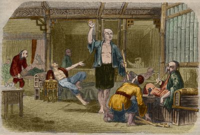 19世纪中期中国的鸦片吸食者。1857年在 "Le Musee Des Sciences "中的雕版画 作者 未知艺术家