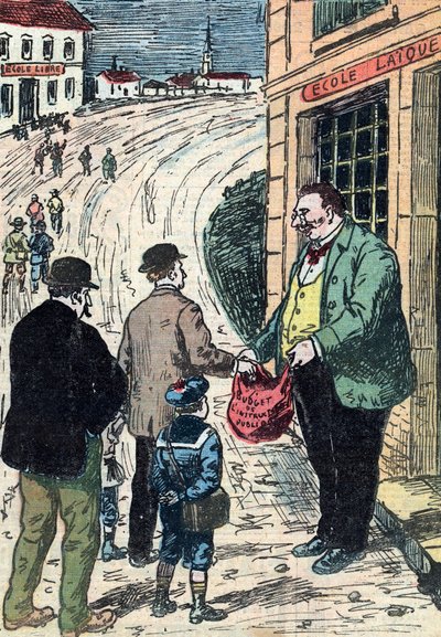 法国世俗学校与私立学校之间的对立 1912 年 3 月 24 日 "Le pelerin "漫画，珍贵收藏 作者 未知艺术家