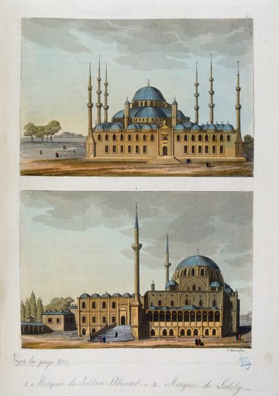 奥斯曼帝国：蓝色清真寺（或 Sultanahmet Camii）由苏丹艾哈迈德（艾哈迈德）一世和伊斯坦布尔的拉莱利清真寺建造 - 在“古代和现代服装”“”中，费拉里奥，ed Milan 作者 Unknown artist