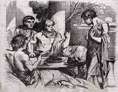 户外宴会场景--维泰利乌斯（Aulus Vitellius Germanicus Imperator Augustus）罗马皇帝（15-69）正在举行宴会--刻在《全民健康--家庭医疗指南》1852年的版画。 作者 未知艺术家