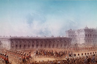 1856年与亚历山大二世在圣彼得堡的阿内奇科夫宫前的游行。查理曼的插图（19世纪）圣彼得堡。彼得霍夫城堡 作者 未知艺术家