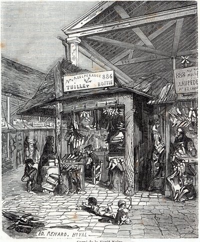 巴黎第三区--Carre de la Foret-Noire：19世纪在Le Carreau du Temple出售皮革和鞋子--Edmond Texier在 "Tableau-de-Paris "中的雕刻。 作者 未知艺术家