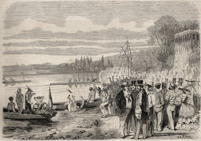 巴黎的独木舟运动员。1857年，圣克劳德（Saint Cloud）的摄政厅。1857年 "Le Monde illustrious "中的雕刻。私人收藏。 作者 未知艺术家