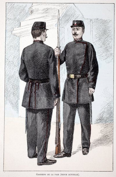 维和人员（勒平时期）。 蚀刻颜色，作为插图“”Histoire du corps des gardiens de la paix ”””由塞纳河警察局长 Louis Lepine (1846-1933) 主持出版的书，作者是 Alfred Rey (1864-?) 和 Louis Feron (1862- 作者 未知艺术家