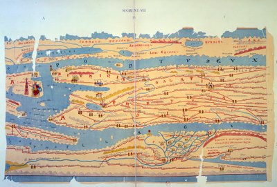 Peutinger 表代表了埃及和土耳其的罗马方式。 根据 3 世纪罗马帝国地图绘制的 13 世纪路线图。 巴黎，BN。 作者 未知艺术家
