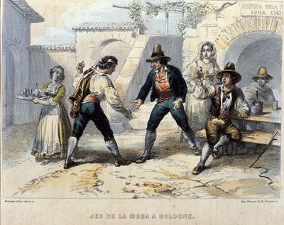 Players of die (morra)，在博洛尼亚的一家 osteria (inn) 进行的意大利比赛。 19世纪初 作者 未知艺术家
