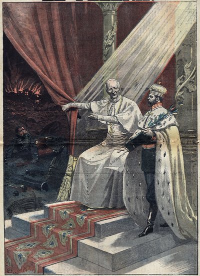 教皇莱昂十三世（1810-1903）向俄国沙皇尼古拉二世（1868-1918）展示了战争的恐怖。后者随后提议解除武装。9月11日《Le Pelerin》杂志的插图 作者 未知艺术家