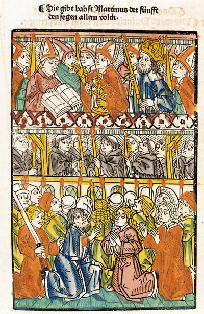 Pope Martin v（1368  -  1431）在康斯坦茨委员会（1417年）选出的康斯坦理事会（1417），以结束西方的伟大分裂进行祝福。 “Das concilium” 作者 未知艺术家