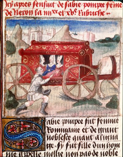 Poppee，罗马皇帝尼禄的妻子，收到了 Giovanni Boccaccio 和 Jean Boccaccio（1313-1375）的《光明与贵族女性之书》中的微型信使 作者 未知艺术家