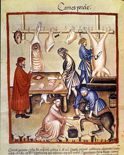 猪肉生产。 猪被宰杀，屠夫切块。 来自医学和营养学“Tacuinum sanitatis”的挤奶照明 作者 未知艺术家