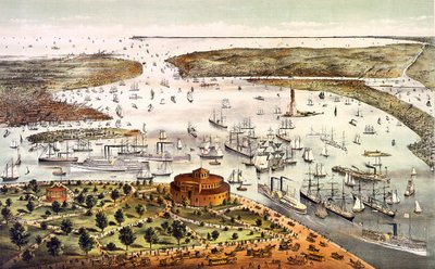 纽约港；空中景观。雕版印刷品，1892年。 作者 未知艺术家