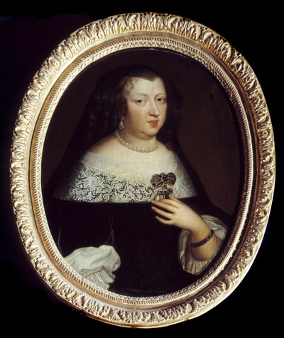 奥地利的安妮（1601-1666）法国女王的画像。她戴着珍珠首饰，一个用贵重宝石装饰的十字架形状的吊坠，左手腕上戴着手镯。匿名画作 作者 未知艺术家