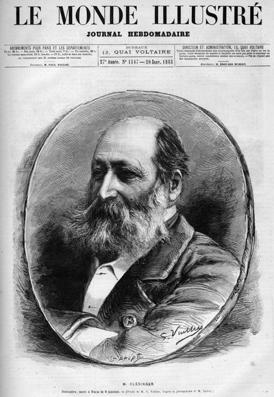 奥古斯特-克莱辛格（1814-1883）的肖像，法国雕塑家和画家。雕刻在 "Le Monde illustrious" 1883年。私人收藏。 作者 未知艺术家
