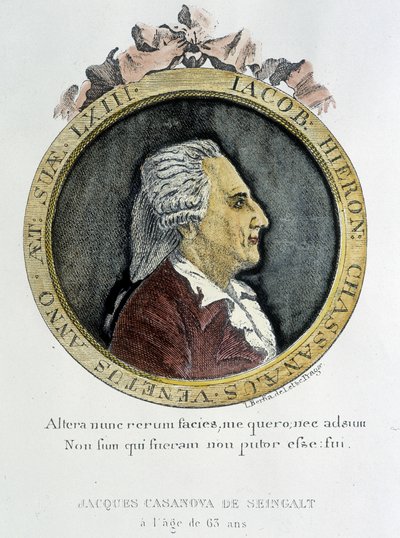 卡萨诺瓦肖像（1725 - 1798 年） - 正面肖像，在“我逃离威尼斯共和国监狱的历史”中，写给波西米亚的杜克斯 作者 未知艺术家