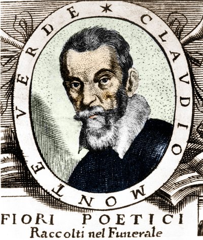 克劳迪奥·蒙特威尔第 (Claudio Monteverdi) 的肖像，取自 1644 年在威尼斯出版的非常杰出且非常可敬的克劳迪奥·蒙特威尔第 (Claudio Monteverdi) 先生的葬礼中收集的诗意花卉卷首画。 作者 未知艺术家