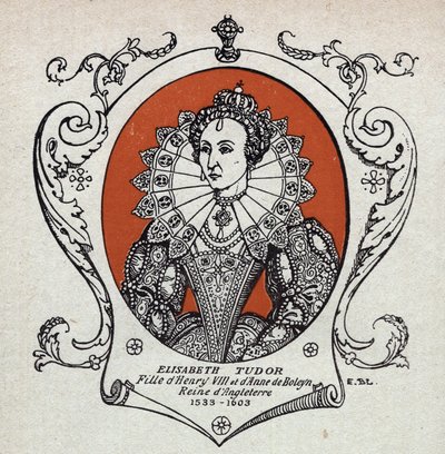 英格兰和爱尔兰女王伊丽莎白-伊雷尔或伊丽莎白-都铎（1533-1603 年）的肖像。1914 年的版画。私人收藏。 作者 未知艺术家
