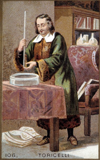 Evangelista Torricelli或Toricelli（1608-1647）的肖像，意大利物理学家，和他的发明：气压计（汞管）。 作者 未知艺术家