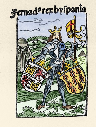 Portrait of Ferdinand I of Aragon the Just (1380-1416) king of Spain. Engraving from “” De insulis in mare Indico super inventis””, Bale 1493-1494 (Latin translation of Columbus