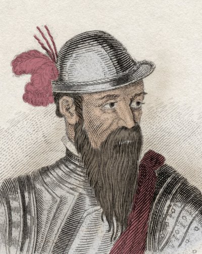 西班牙征服者弗朗西斯科·皮萨罗 (Francois Pizarre，约 1478-1541 年) 的肖像。 19 世纪的雕刻。 作者 未知艺术家