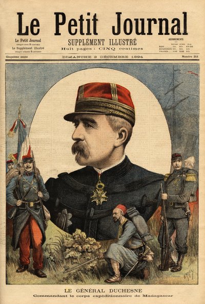 1894 年派往马达加斯加的武装部队指挥官雅克·查尔斯·杜谢讷将军 (1837-1918) 的肖像，他占领了塔那那利夫。 1894 年 3 月 12 日在“Le petit journal”上雕刻。 塞尔瓦的收藏。 作者 未知艺术家