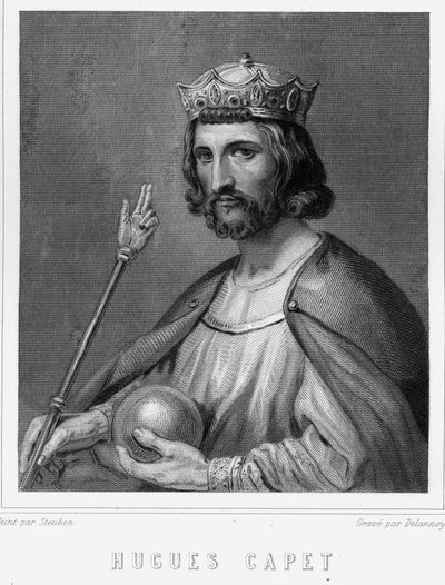 Hugues I Capet (v. 941 - 996)的肖像，法国公爵，然后是法国国王--在Lavallée的 "法国历史 "中，雕刻，有日期。 作者 未知艺术家