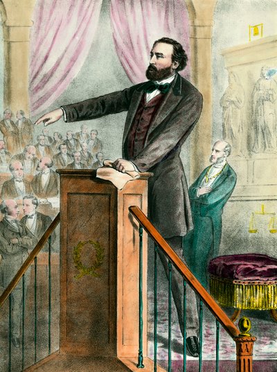 画廊中的 Leon Gambetta (1838 - 1882) 肖像。 19 世纪的雕刻。 科尔。 去。 作者 未知艺术家