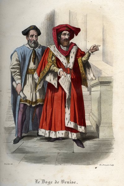 莱昂纳多-洛尔丹（Loredano）（1436-1521）的肖像，威尼斯共和国的教区长。1842年莫里斯-拉夏尔在 "教皇的历史 "中的版画。私人收藏。 作者 未知艺术家