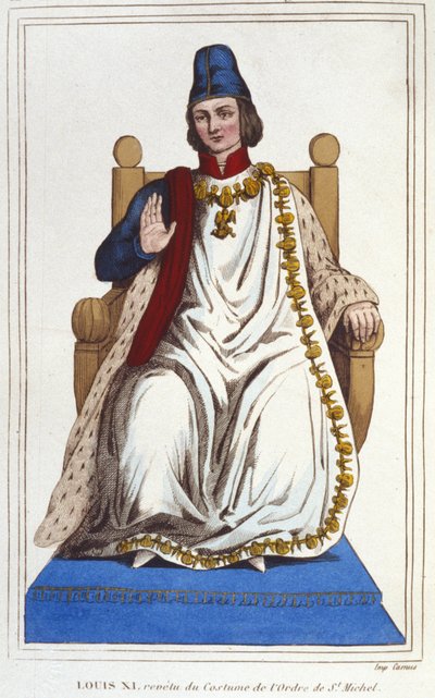 身着圣米歇尔勋章 (1423 - 1483) 服装的路易十一肖像。 1830 年的雕刻 作者 未知艺术家