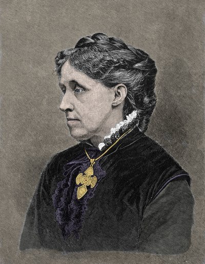 美国小说家路易莎·梅·奥尔科特 (1832-1888) 的肖像。 19 世纪彩色雕刻。 作者 未知艺术家
