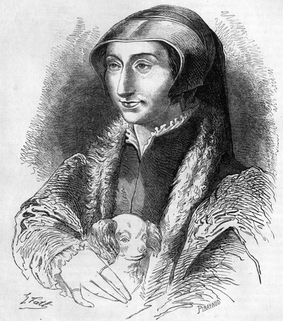 纳瓦拉的玛格丽特（Marguerite of Valois，Marguerite of Angouleme或Marguerite of France，1492-1549）的肖像，纳瓦拉女王和女诗人，弗朗索瓦第一（1553-1615）的妹妹。19世纪的雕版画。 作者 未知艺术家