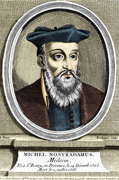 米歇尔·诺查丹玛斯（Michel Nostradamus）的肖像，医生和占星家，在 1503 年 14 月 12 日没有普罗旺斯圣雷米（Saint-Remy-de-Provence），于 1566 年 2 月 7 日去世。 17 世纪的雕刻。 作者 未知艺术家