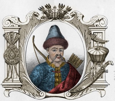 蒙古国君主帖木儿（Tamerlane）（1336-1405）的肖像--帖木儿（1336-1405）（或帖木儿郎，"跛脚的帖木儿"）1861年的雕版画 作者 未知艺术家