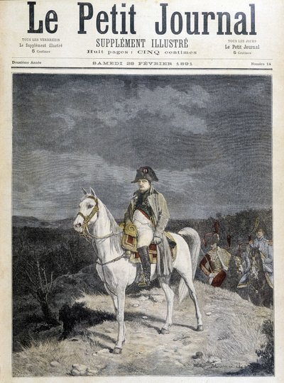1814 年，拿破仑骑马的肖像。 作者 未知艺术家