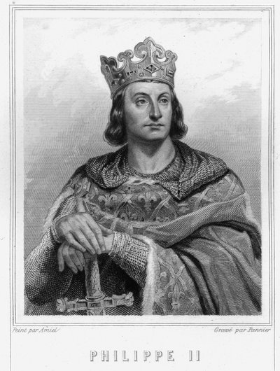 法国国王菲利普二世（Philip II dit Philippe Auguste）（1165-1223）的肖像--载于拉瓦雷的《法国历史》，雕刻，有日期。 作者 未知艺术家