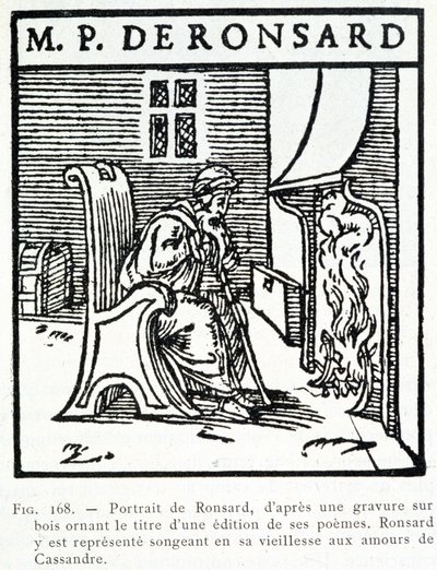 皮埃尔·德·朗萨尔 (Pierre de Ronsard) 的肖像，卡桑德雷 (Cassandre) 的恋情旧思想-木版画 作者 未知艺术家