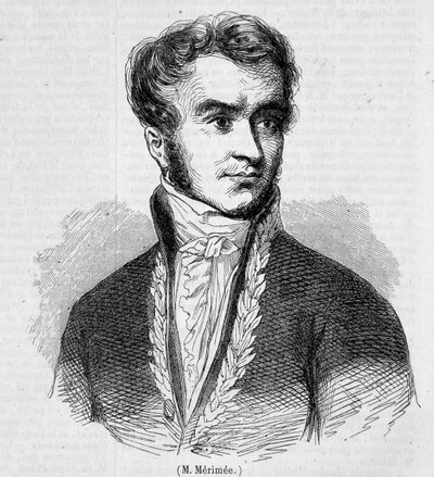 Prosper Mérimée 的肖像。 19 世纪雕刻。 作者 未知艺术家