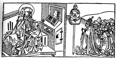 瑞典圣布里吉特的肖像（1103-1373）。 Voragine (1228-1298) 的 Jacobus (James) 的“Leben der Heiligen - sommsteil”（圣人之书）雕刻。 杜贝克 1488。 作者 未知艺术家