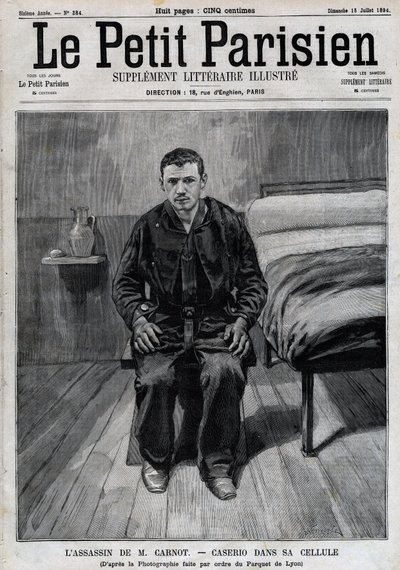 桑特-卡塞里奥（1873-1894）意大利无政府主义者，萨迪-卡诺的刺客，在狱中的肖像。刊登在 "巴黎人报 "上的版画 作者 未知艺术家