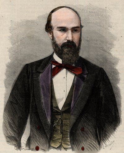 桑托斯-古铁雷斯（Santos Gutierrez，1820-1872）的肖像，政治家和哥伦比亚合众国的前总统。在 "杰出的世界 "中的雕刻。 作者 未知艺术家