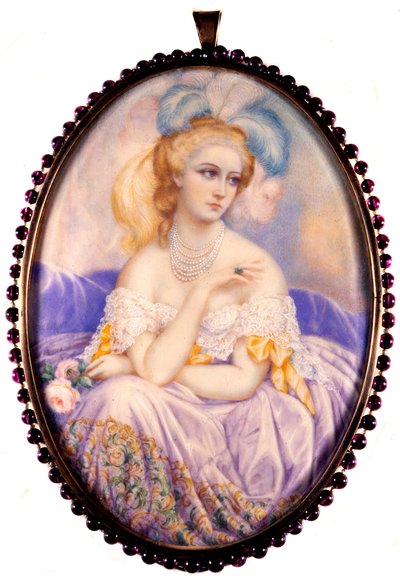 Castiglione 伯爵夫人的肖像（1837-1899）（弗吉尼亚·伊丽莎白·路易莎·卡洛塔·安东尼埃塔·特蕾莎·玛丽亚·奥尔多尼）。 象牙上的缩影。 . 作者 未知艺术家