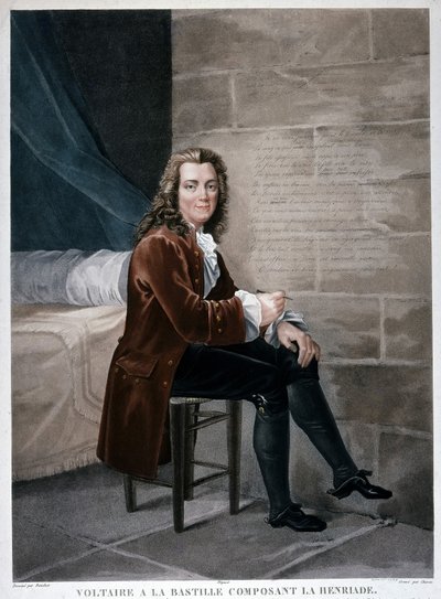伏尔泰在巴士底狱组成的Henriade的画像。19世纪的雕版画。卡纳瓦莱博物馆。 作者 未知艺术家