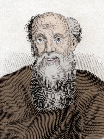 希腊哲学家德谟克利特 (Democritus) (460-370 Av JC) 的肖像，阿卜杜拉的德谟克利特。 19 世纪的雕刻。 作者 Unknown artist