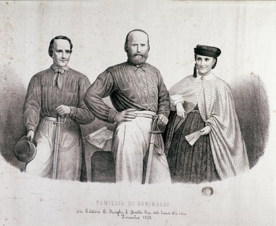 特雷西塔、他的女儿和他的妻子斯特凡诺·坎齐奥 (Stefano Canzio) 之间的 Risorgimento Giuseppe Garibaldi (1807-1882) 爱国者和英雄的肖像。 1862 年私人收藏的石版画 作者 未知艺术家