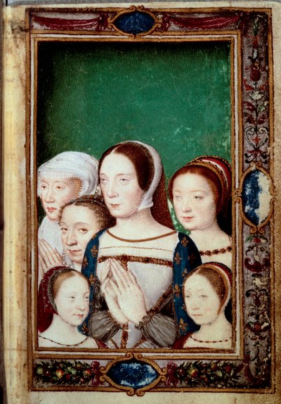 Portraits of the daughters of Francois I and his two wives. Girls: Louise (1515 - 1517). Charlotte (1516 - 1524), Madeleine (1520-1537), Marguerite (1523-1574). Claude of France (1499-1524) and Eleonore of Habsburg (1498 - 1558). Miniature in “” Book of ho 作者 未知艺术家