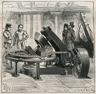 陶器。用于砖块机械成型的Fleury机器。1885年阿道夫-比塔尔在 "艺术与测量图解 "中的雕版画。 作者 未知艺术家