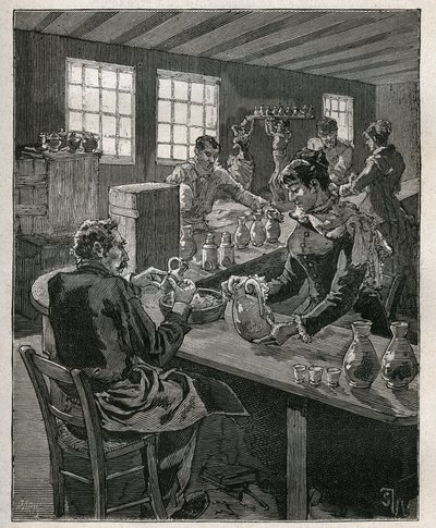 陶器：填充陶器。1885年阿道夫-比塔尔的 "艺术与测量图解 "中的版画。 作者 未知艺术家