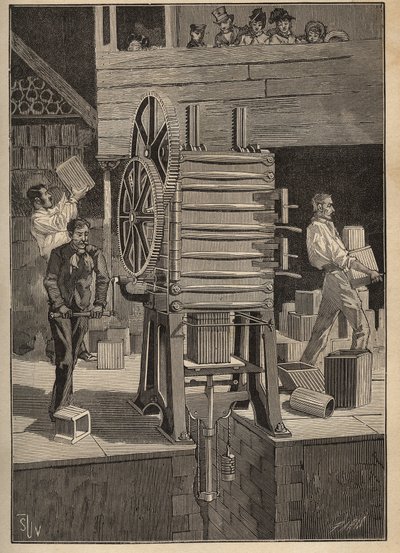 陶器：空心零件的机械成型。1885年阿道夫-比塔尔的 "艺术与测量图解 "中的雕版画。 作者 未知艺术家