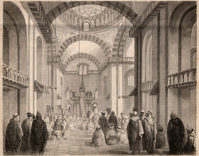 1862年在阿尔及尔大清真寺进行的斋月（穆斯林关怀）祈祷。雕刻于1862年的 "杰出世界"。私人收藏。 作者 未知艺术家